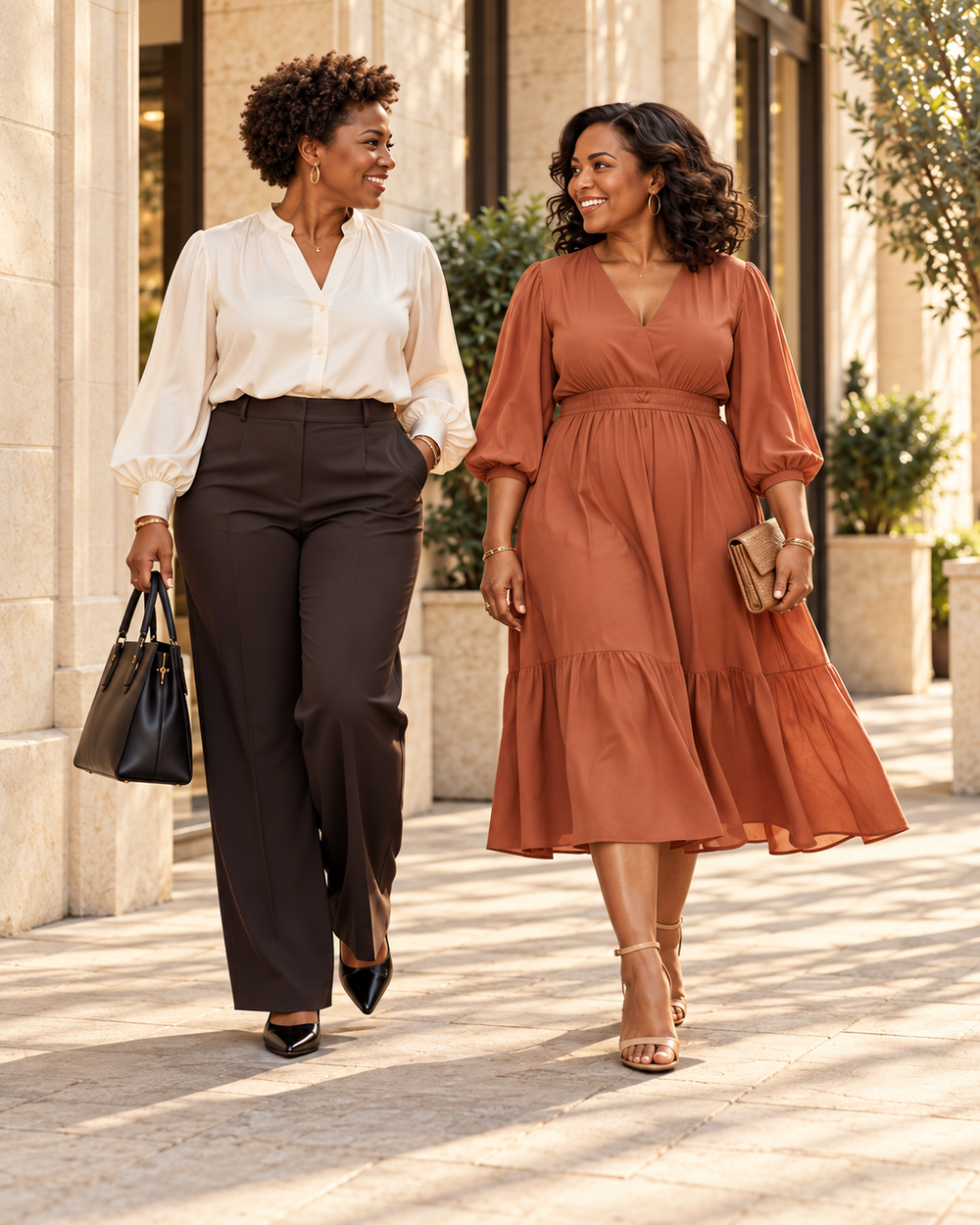 Two women wearing an ivory blouse and a terracotta dress, pictured outside a sunlit boutique.