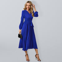 New long sleeve slim pleated belt V-neck dress A-line skirt
