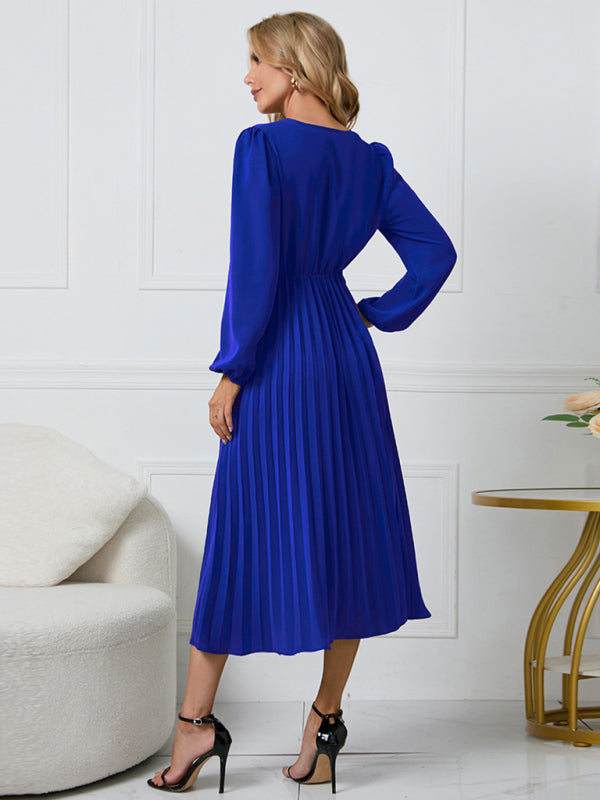 New long sleeve slim pleated belt V-neck dress A-line skirt