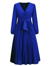 New long sleeve slim pleated belt V-neck dress A-line skirt