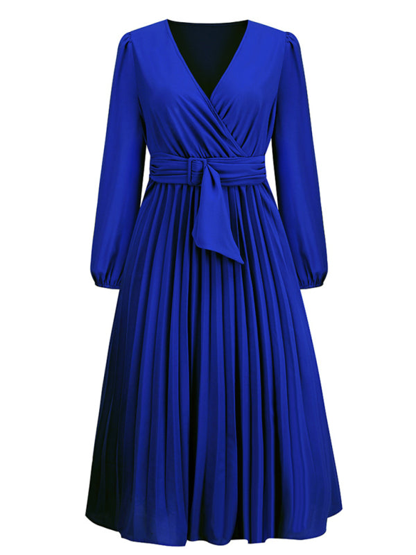 New long sleeve slim pleated belt V-neck dress A-line skirt