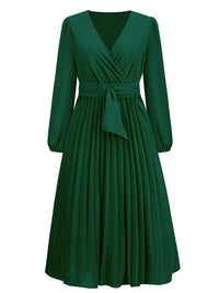 New long sleeve slim pleated belt V-neck dress A-line skirt