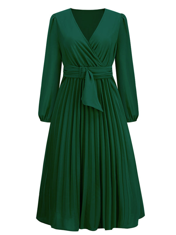 New long sleeve slim pleated belt V-neck dress A-line skirt