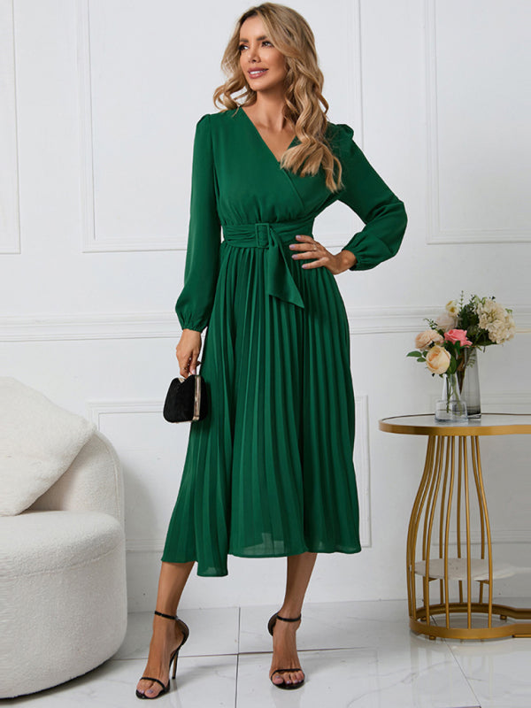 New long sleeve slim pleated belt V-neck dress A-line skirt