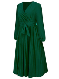 New long sleeve slim pleated belt V-neck dress A-line skirt