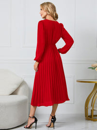 New long sleeve slim pleated belt V-neck dress A-line skirt