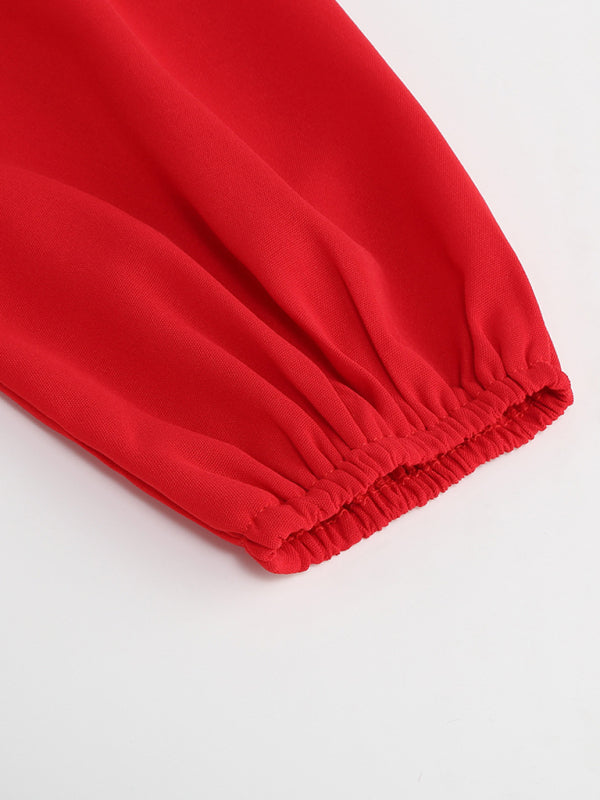 New long sleeve slim pleated belt V-neck dress A-line skirt