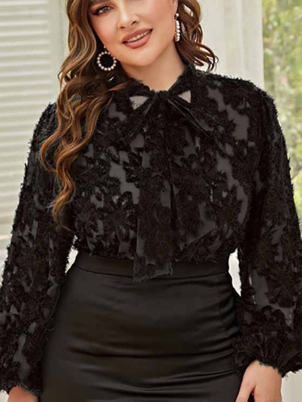 Effortless Elegant Bow Tie Long Sleeve Laced Blouse