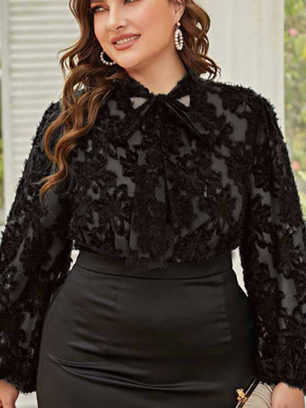 Effortless Elegant Bow Tie Long Sleeve Laced Blouse