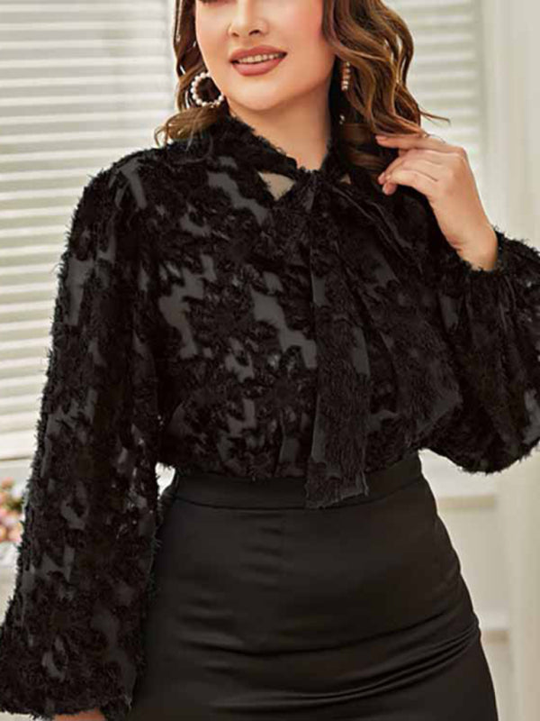 Effortless Elegant Bow Tie Long Sleeve Laced Blouse