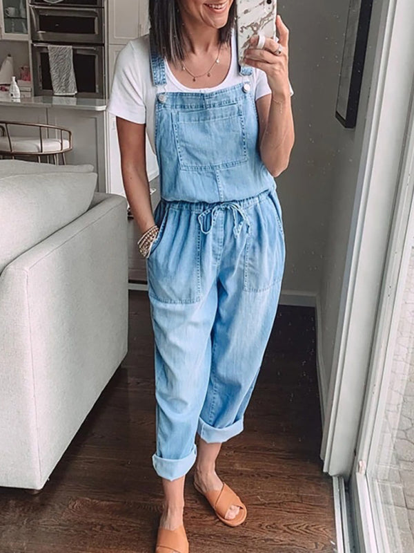 The Denim Elastic Mid Waist Loose Jumpsuit