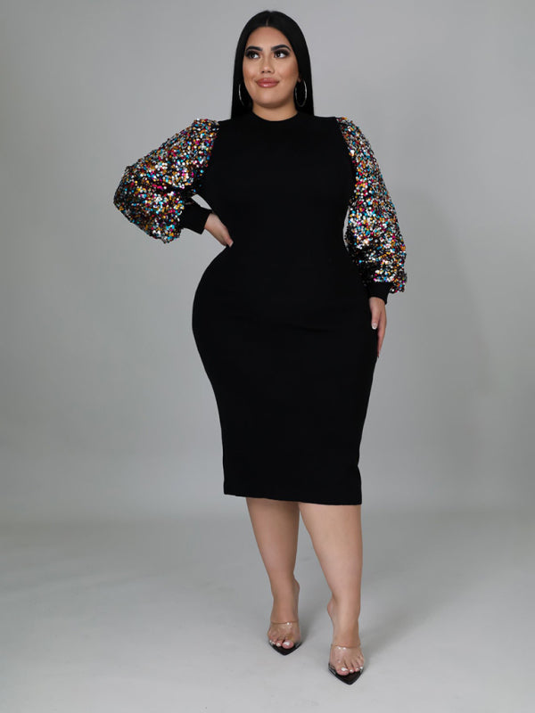Plus size  Sexy Solid Color Sequin Puff Sleeve Dress
