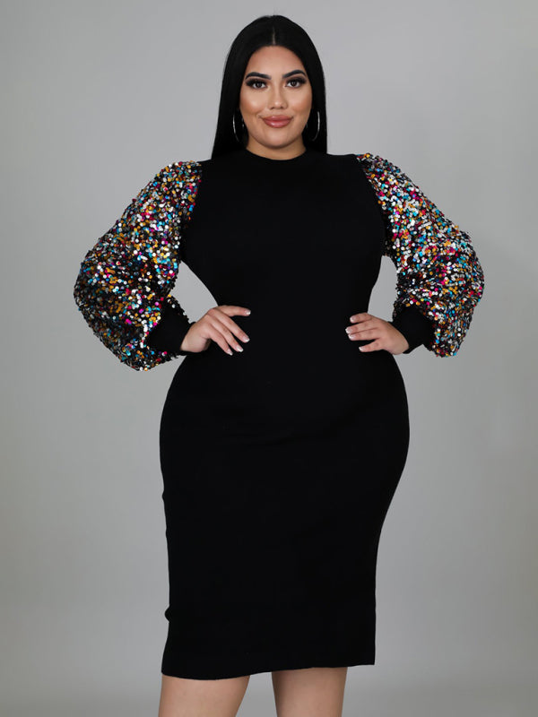 Plus size  Sexy Solid Color Sequin Puff Sleeve Dress