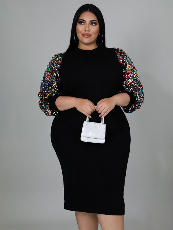 Plus size  Sexy Solid Color Sequin Puff Sleeve Dress