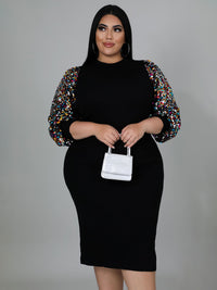 Plus size  Sexy Solid Color Sequin Puff Sleeve Dress