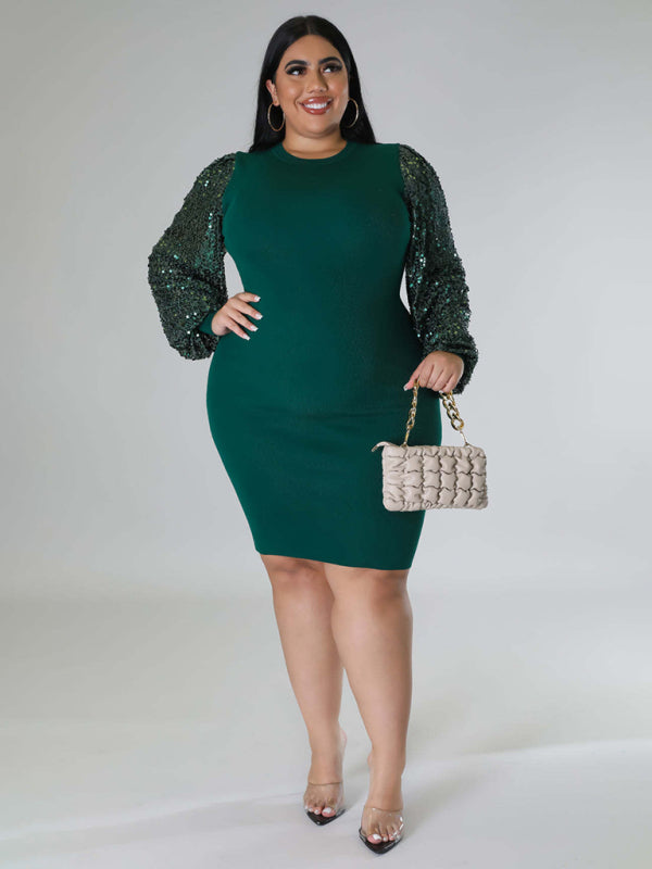 Plus size  Sexy Solid Color Sequin Puff Sleeve Dress