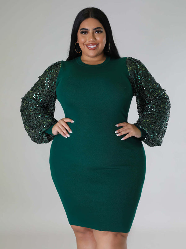 Plus size  Sexy Solid Color Sequin Puff Sleeve Dress