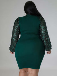Plus size  Sexy Solid Color Sequin Puff Sleeve Dress