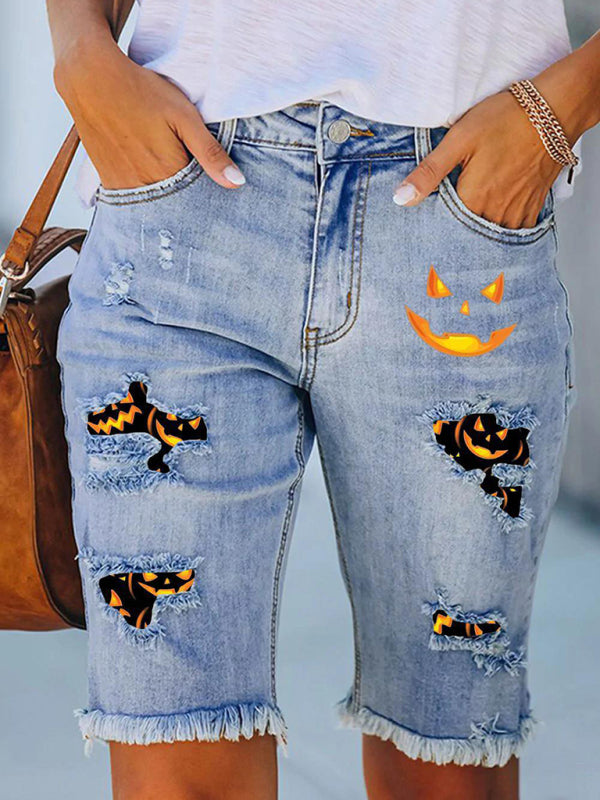 Casual Halloween Denim Five-Point Jeans