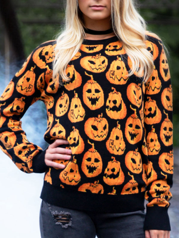 Fashionable Women's Halloween Sweater Loose Contrast Color Pumpkin Jacquard Women's Sweater