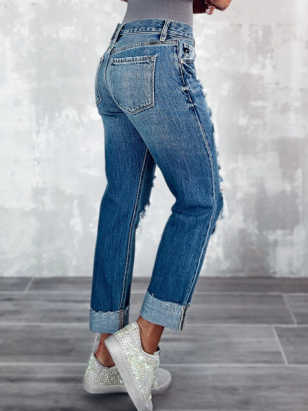 Straight Legged Ripped  High Waist Street Style Jeans