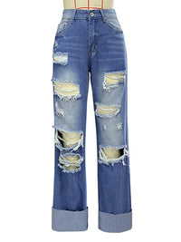 Straight Legged Ripped  High Waist Street Style Jeans