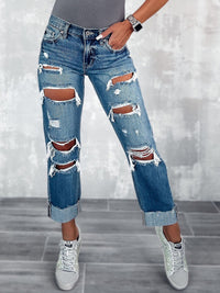 Straight Legged Ripped  High Waist Street Style Jeans