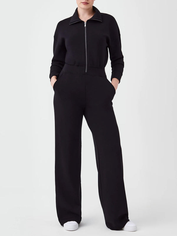 Casual long sleeve lapel zipper wide leg jumpsuit