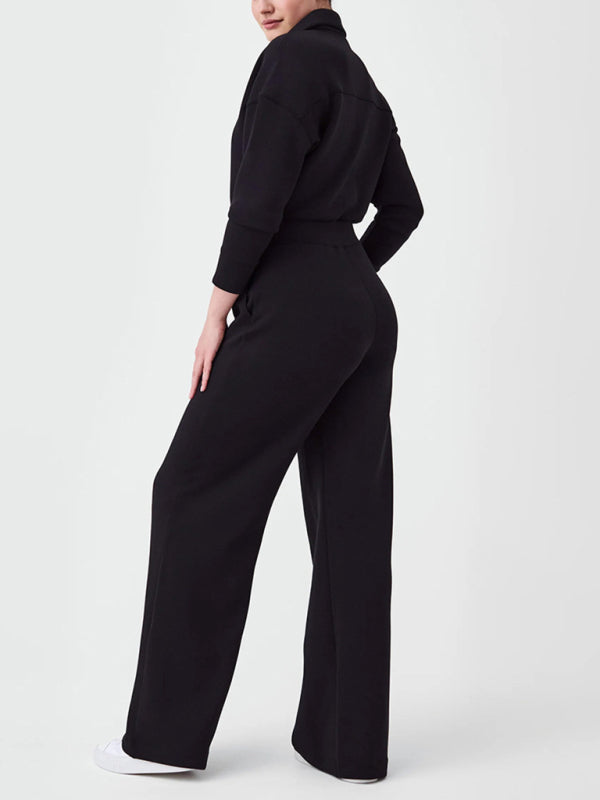 Casual long sleeve lapel zipper wide leg jumpsuit