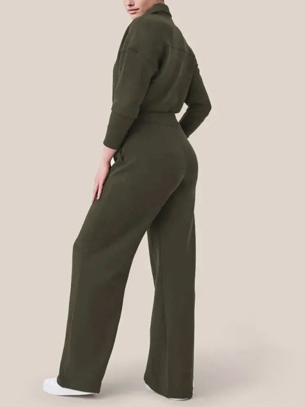 Casual long sleeve lapel zipper wide leg jumpsuit