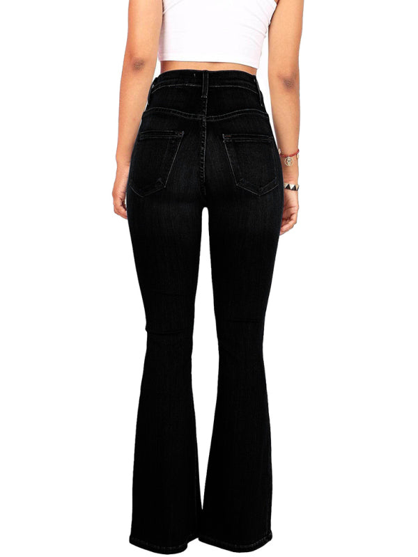 High-waist washed button slim fit slightly flared wide-Leg Jeans