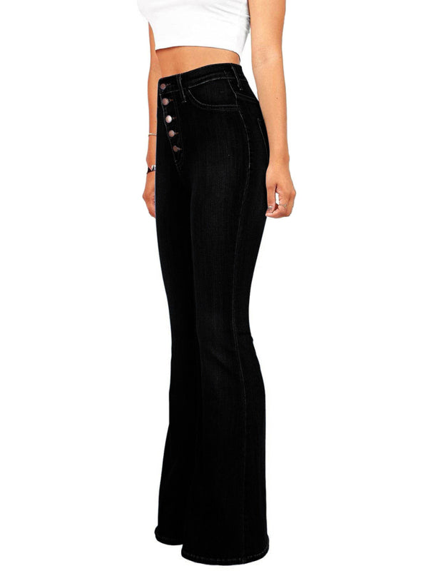 High-waist washed button slim fit slightly flared wide-Leg Jeans