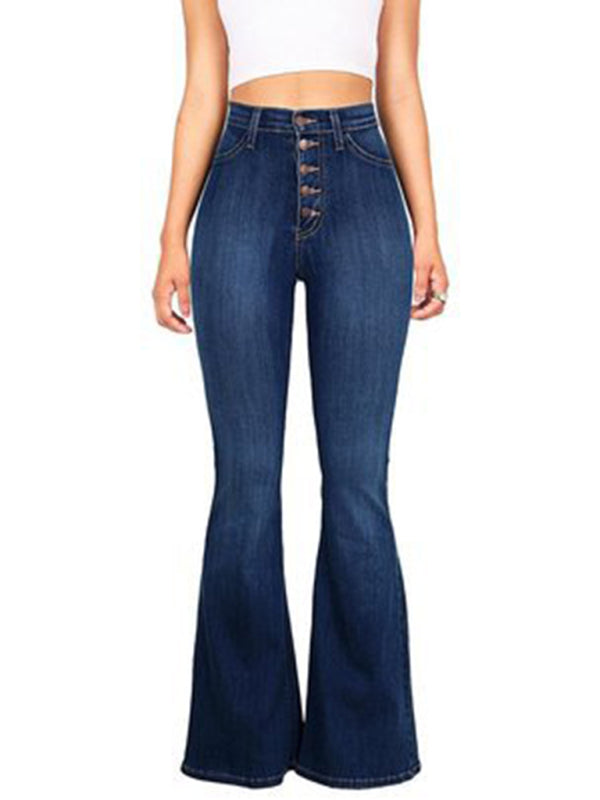 High-waist washed button slim fit slightly flared wide-Leg Jeans