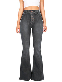 High-waist washed button slim fit slightly flared wide-Leg Jeans