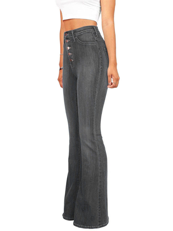 High-waist washed button slim fit slightly flared wide-Leg Jeans