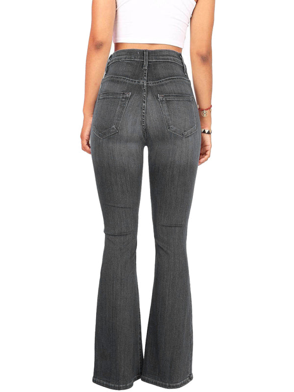 High-waist washed button slim fit slightly flared wide-Leg Jeans