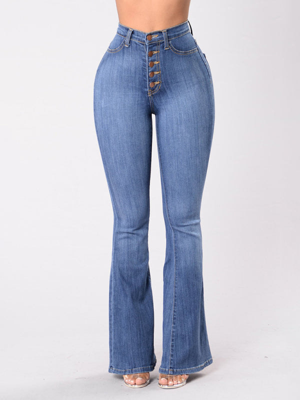 High-waist washed button slim fit slightly flared wide-Leg Jeans