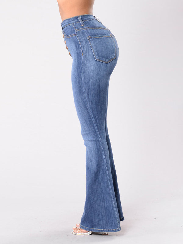 High-waist washed button slim fit slightly flared wide-Leg Jeans