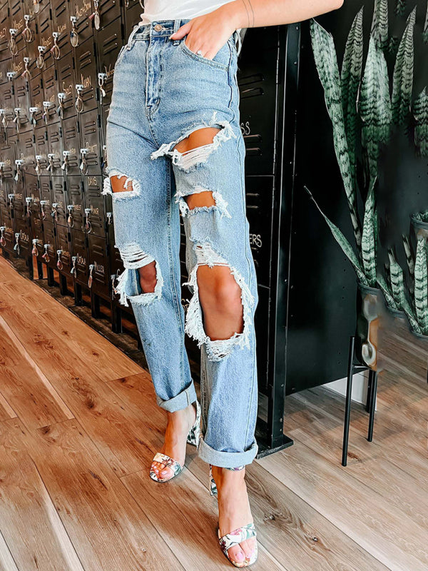 Chic High waist slimming Straight Ripped Jeans