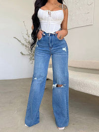 Raw and Edgy High Waisted Long ripped comfortable wide leg jeans