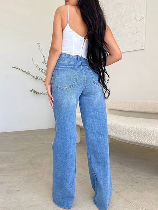 Raw and Edgy High Waisted Long ripped comfortable wide leg jeans