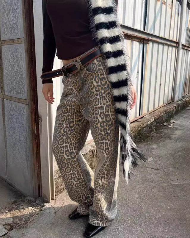 Retro Leopard Print Street Straight Wide Leg Trousers