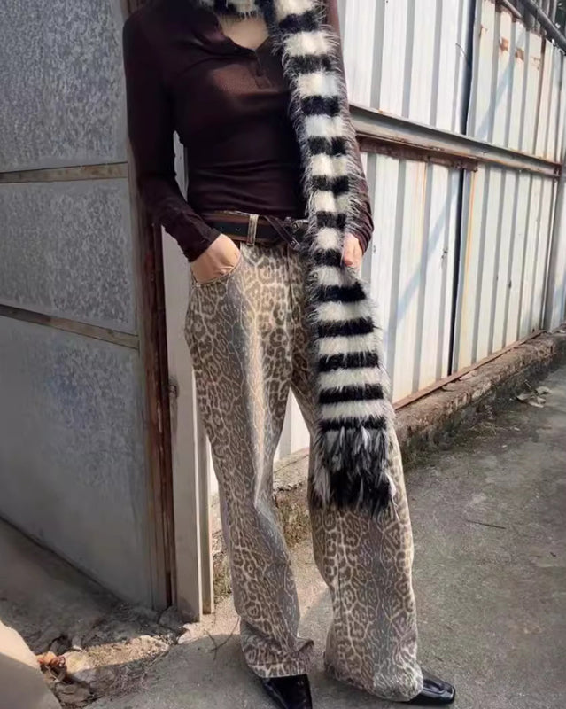 Retro Leopard Print Street Straight Wide Leg Trousers