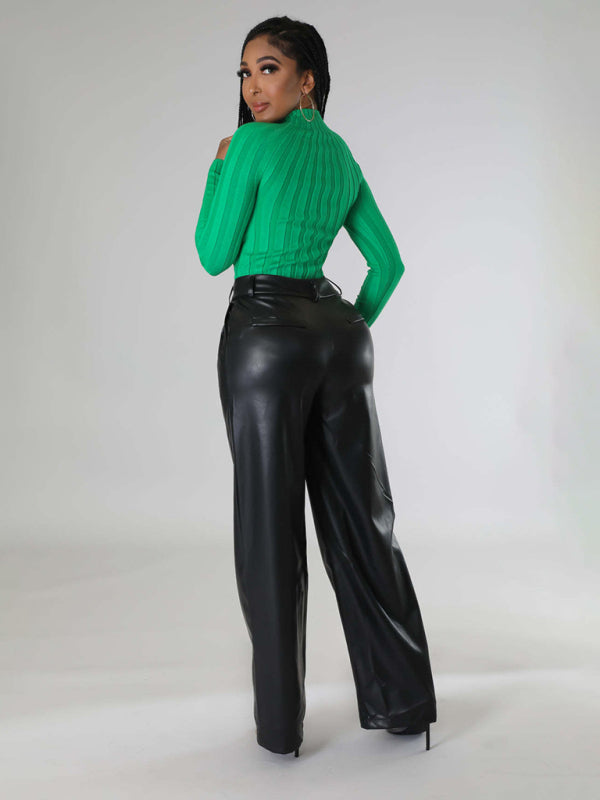 Women's Loose Wide-leg Pocket Casual Faux Leather Pants