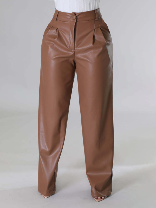 Women's Loose Wide-leg Pocket Casual Faux Leather Pants