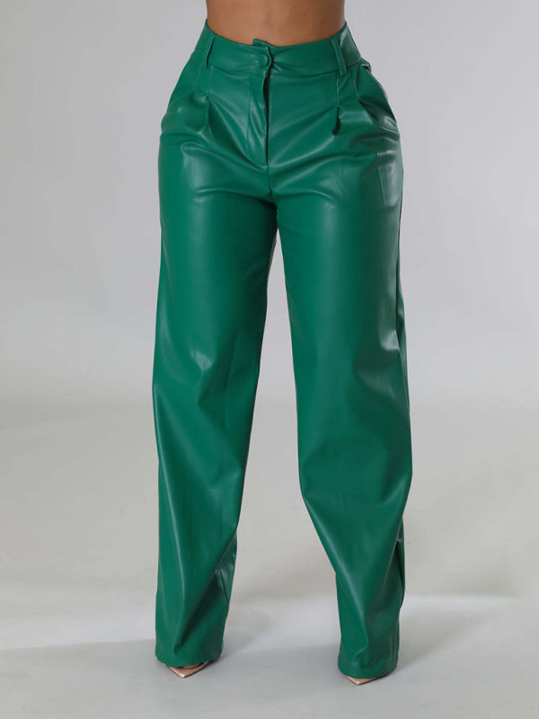 Women's Loose Wide-leg Pocket Casual Faux Leather Pants