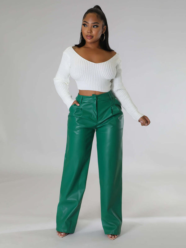 Women's Loose Wide-leg Pocket Casual Faux Leather Pants