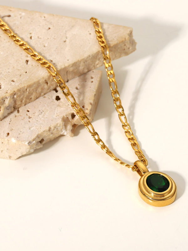 Stainless Steel GreenOval Pendant Necklace