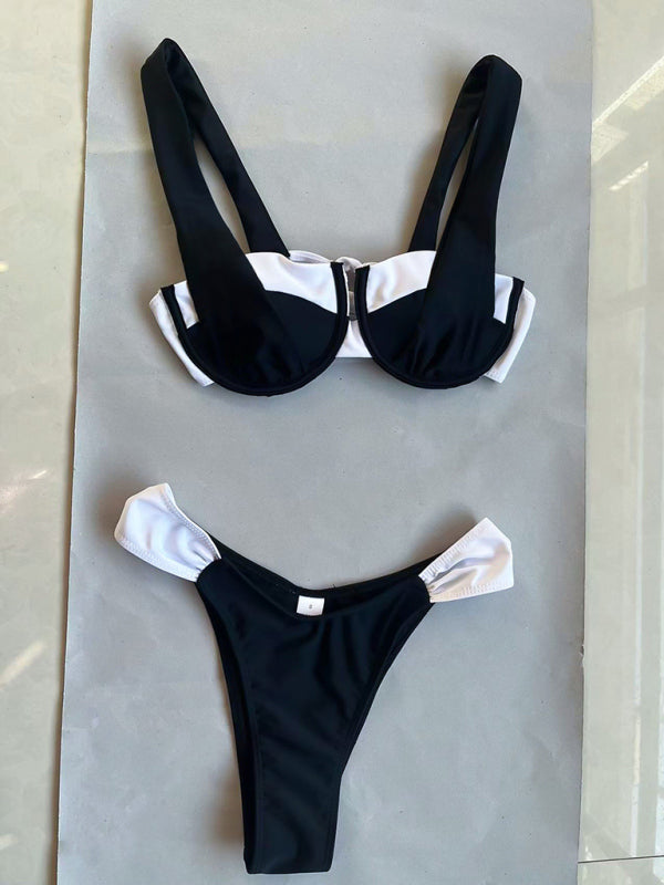 Sexy black and white suspender beach two piece bikini